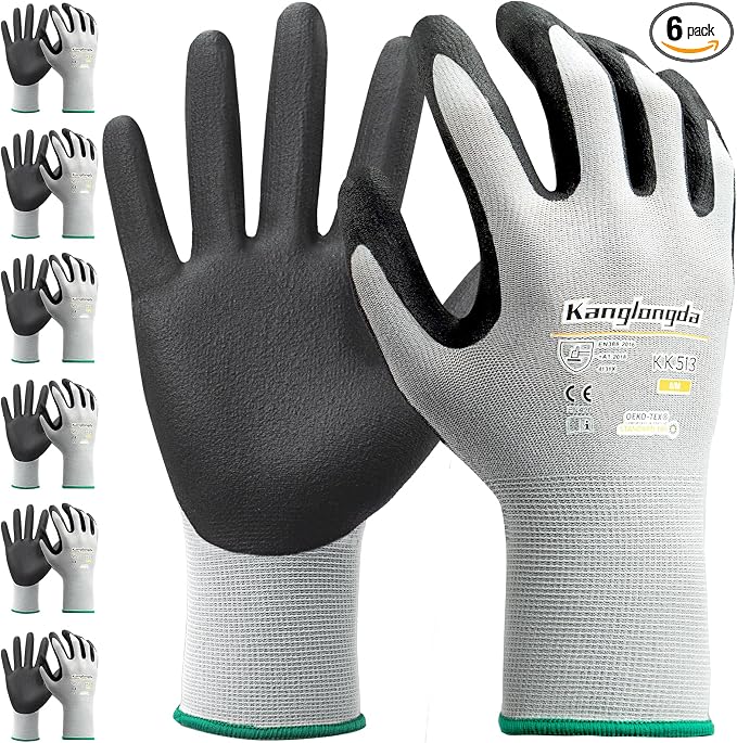 6-Paris Large Work Gloves for Men and Women, Nitrile Coated Safety Protective by KEBADA