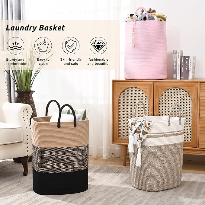 Woven Laundry Basket for Clothes, 65L Large Rectangle Laundry Hampers, Nursery - Image 6