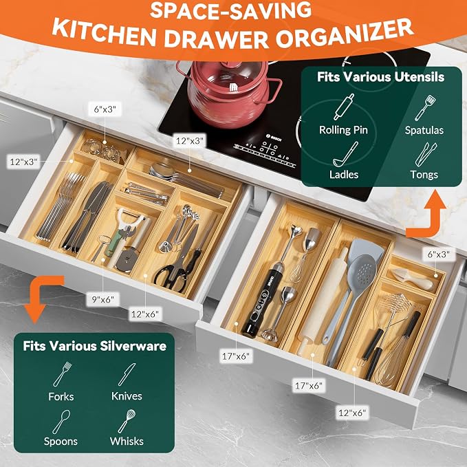 Bamboo Drawer Organizer, Narrow Stackable Cutlery Tray - Image 3
