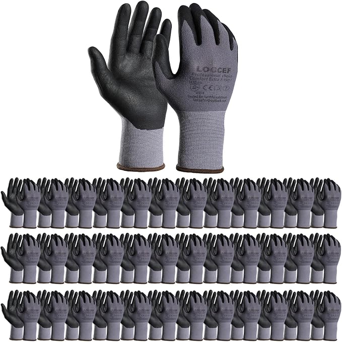 LOCCEF Safety Work Gloves MicroFoam Nitrile Coated-12 Pairs, Seamless Knit by LOCCEF