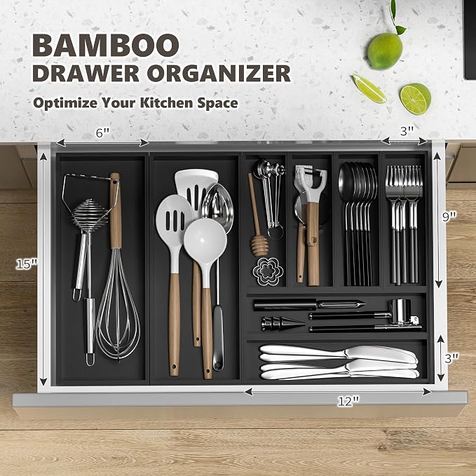 Kitchen Drawer Organizer Tray, Stackable Black Bamboo Drawer Organizer - Image 3