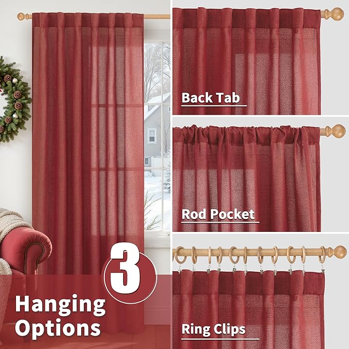 YoungsTex Red Linen Semi Sheer Curtains 78 Inch Length - Image 6