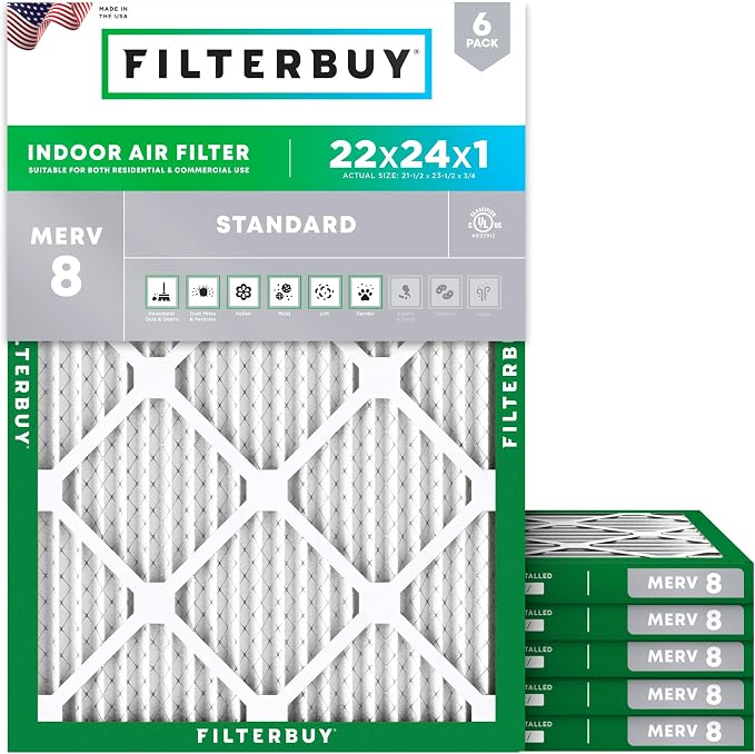 Filterbuy 22x24x1 Air Filter MERV 8 Dust Defense Replacement, Electrostatic by Filterbuy