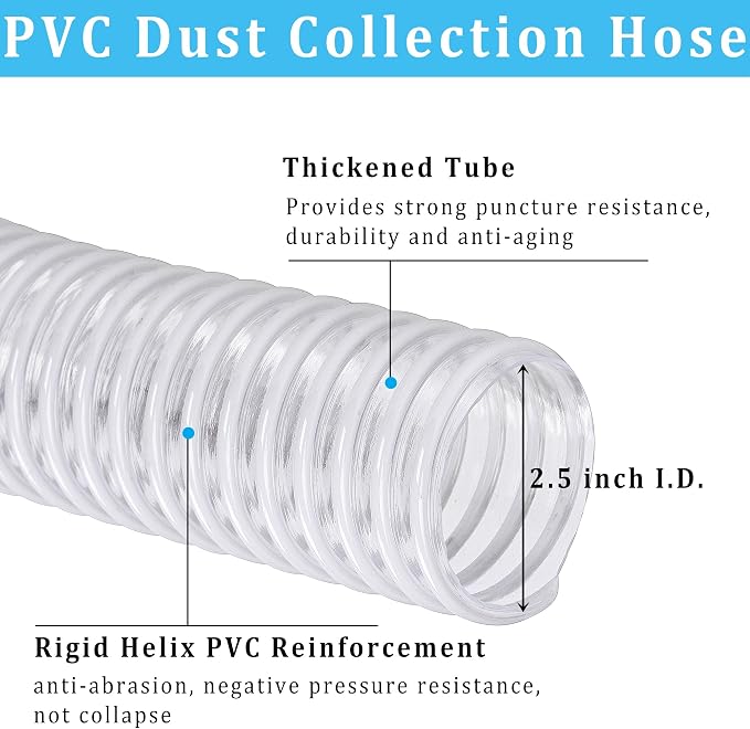Dust Collection Hose 2-1/2 in × 20 ft Heavy Duty Clear Flexible PVC Reinforced - Image 2