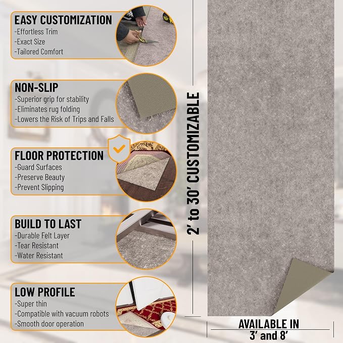 Ottomanson 7' x 8' Non-Slip Rug Pad Gripper 1/4 Inch Thick Dual Surface Felt + - Image 2