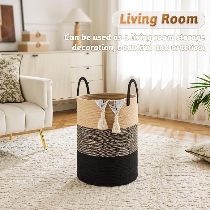 Laundry Basket, Woven Cotton Rope Laundry Hamper, 100L - Image 5