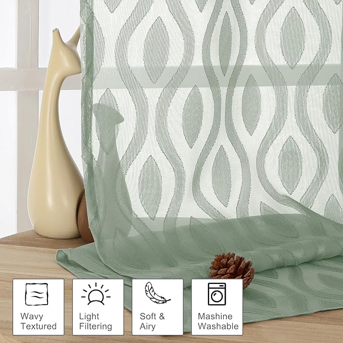 Aiyufeng Sheer Green Curtains 84 Inches Long 2 Panels, Modern Airy Light - Image 3