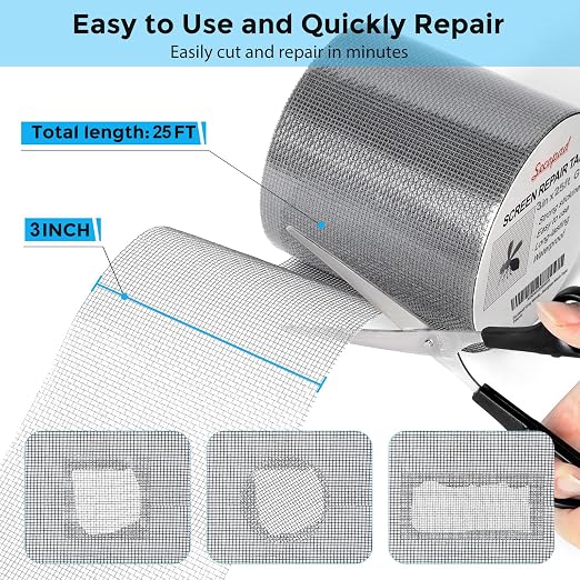 Grey Window Screen Repair Tape, 3IN X 25FT Screen Repair Kit - Image 3