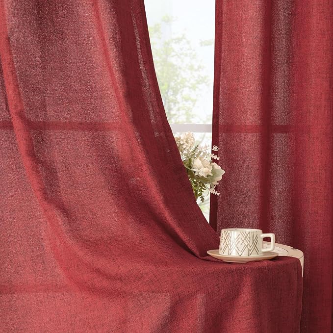 YoungsTex Red Linen Semi Sheer Curtains 84 Inch Length - Image 3